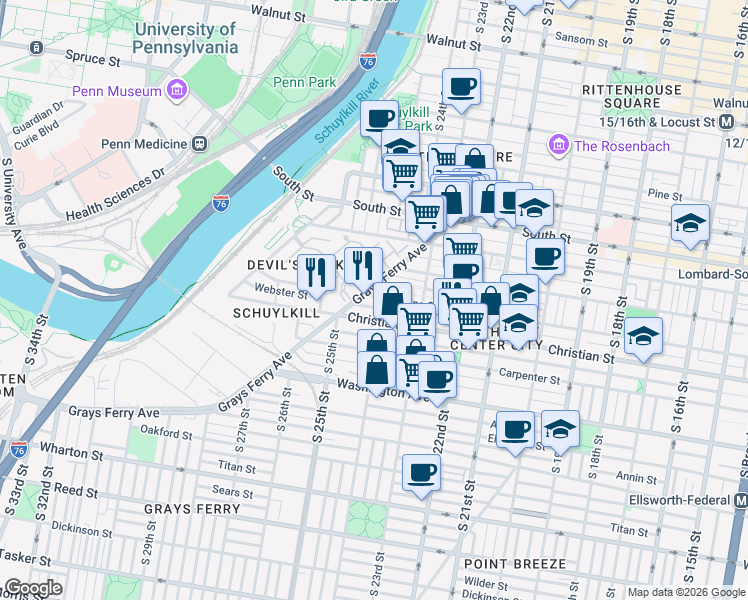 map of restaurants, bars, coffee shops, grocery stores, and more near 2412 Catharine Street in Philadelphia