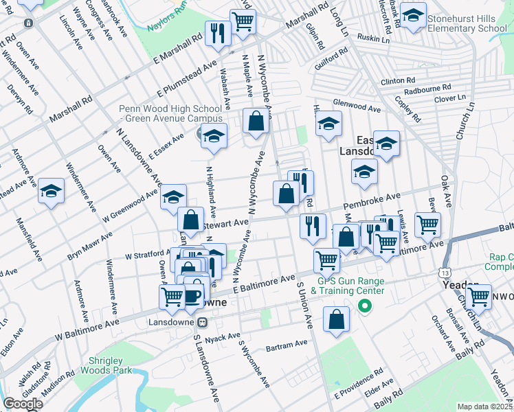 map of restaurants, bars, coffee shops, grocery stores, and more near 98 McKinley Avenue in Lansdowne