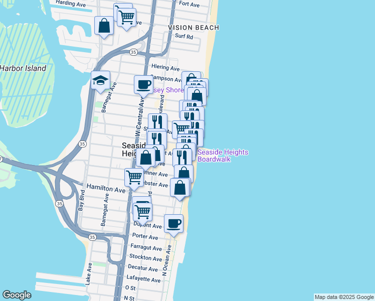 map of restaurants, bars, coffee shops, grocery stores, and more near 800 Ocean Terrace in Seaside Heights
