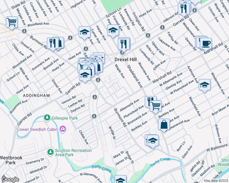 map of restaurants, bars, coffee shops, grocery stores, and more near 320 Francis Street in Drexel Hill