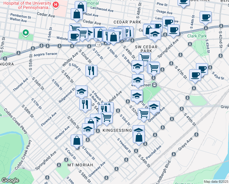 map of restaurants, bars, coffee shops, grocery stores, and more near 1146 South 52nd Street in Philadelphia