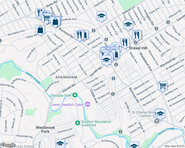 map of restaurants, bars, coffee shops, grocery stores, and more near 4016 Garrett Road in Upper Darby