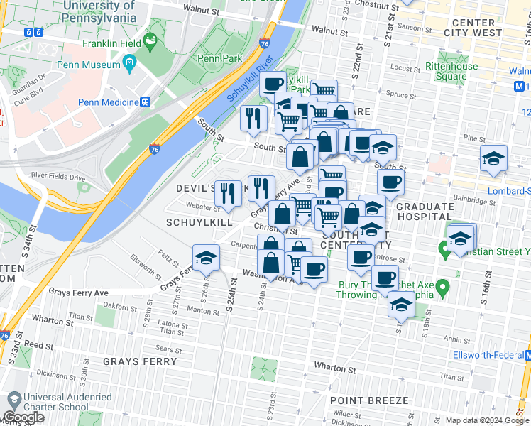 map of restaurants, bars, coffee shops, grocery stores, and more near 2418 Catharine Street in Philadelphia