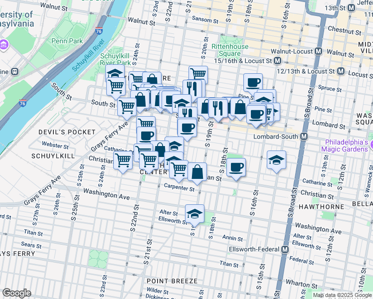 map of restaurants, bars, coffee shops, grocery stores, and more near 730 South 20th Street in Philadelphia