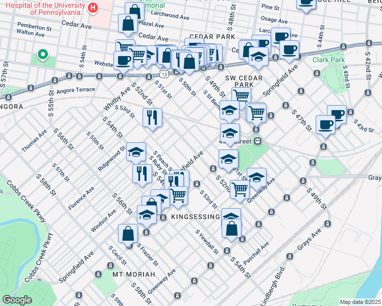 map of restaurants, bars, coffee shops, grocery stores, and more near 1146 South 52nd Street in Philadelphia
