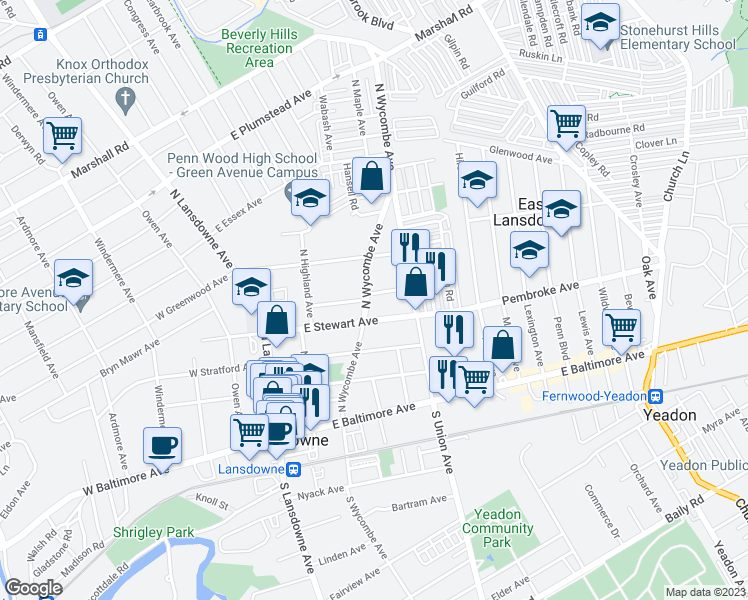map of restaurants, bars, coffee shops, grocery stores, and more near 98 McKinley Avenue in Lansdowne