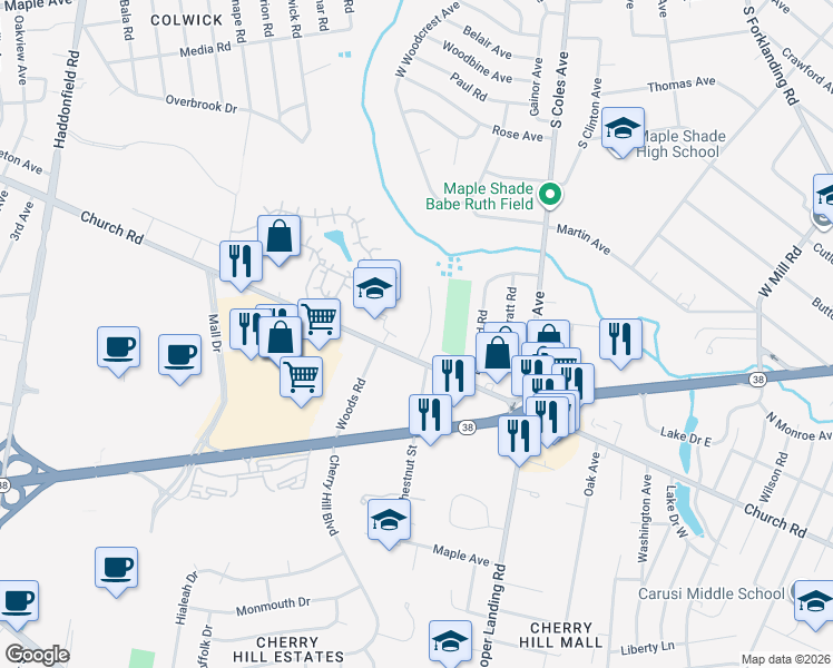map of restaurants, bars, coffee shops, grocery stores, and more near 14 Chestnut Terrace in Cherry Hill