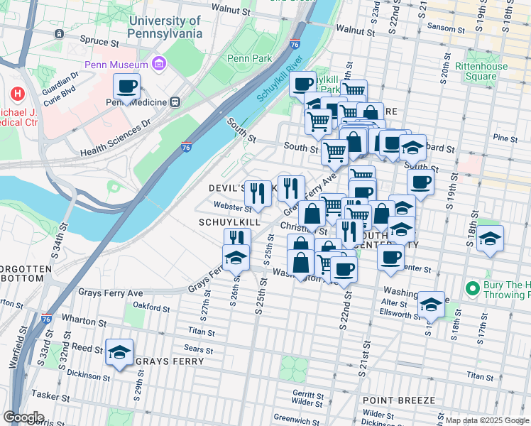 map of restaurants, bars, coffee shops, grocery stores, and more near 201 Surgeon Generals Court in Philadelphia
