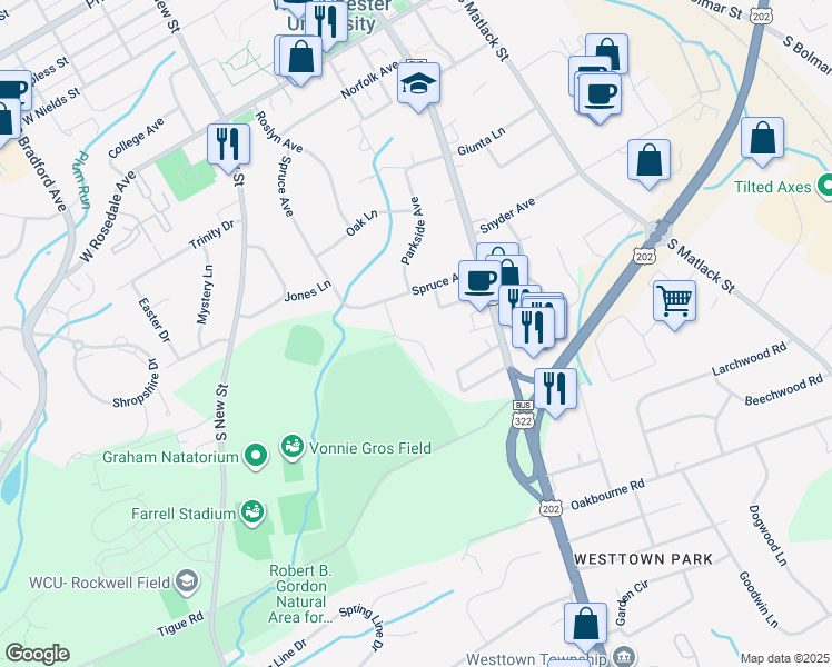 map of restaurants, bars, coffee shops, grocery stores, and more near 901 Sheridan Drive in West Chester