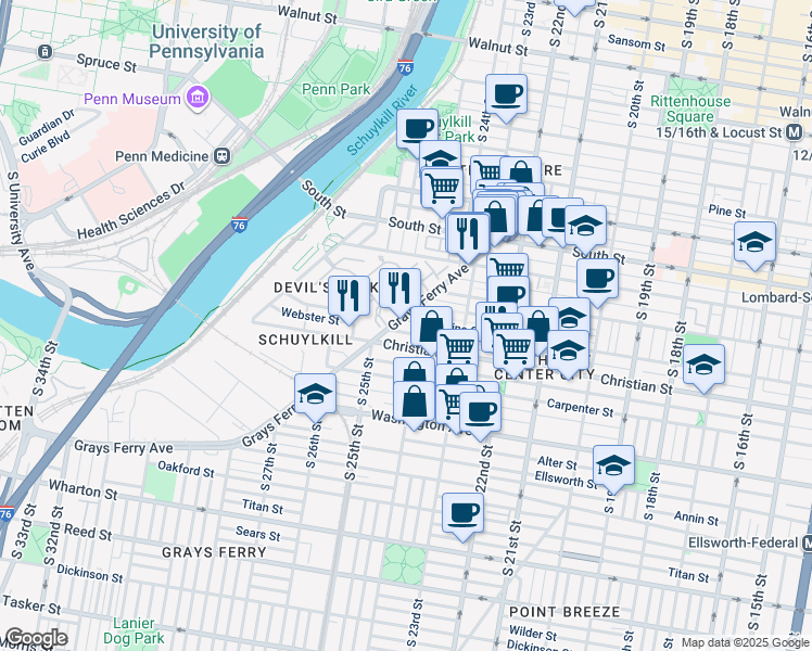 map of restaurants, bars, coffee shops, grocery stores, and more near 2418 Catharine Street in Philadelphia