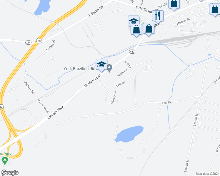 map of restaurants, bars, coffee shops, grocery stores, and more near 3181 Lark Drive in York