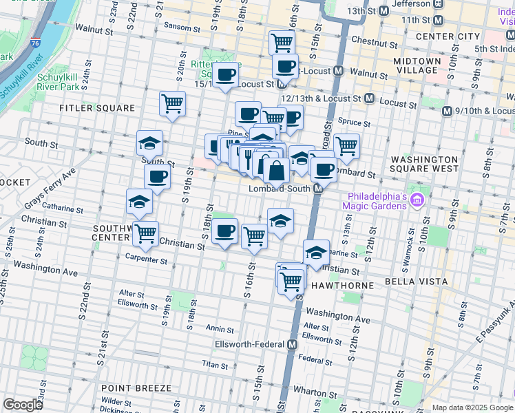 map of restaurants, bars, coffee shops, grocery stores, and more near 715 South Bancroft Street in Philadelphia