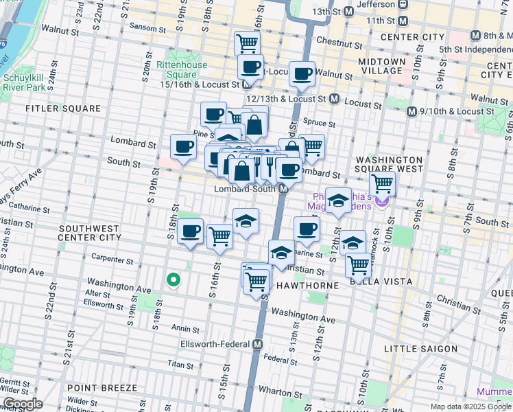 map of restaurants, bars, coffee shops, grocery stores, and more near 1426 South Street in Philadelphia