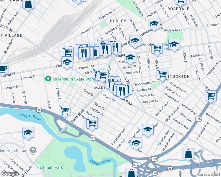 map of restaurants, bars, coffee shops, grocery stores, and more near 230 Grand Avenue in Camden