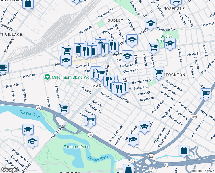 map of restaurants, bars, coffee shops, grocery stores, and more near 230 Grand Avenue in Camden