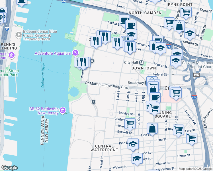map of restaurants, bars, coffee shops, grocery stores, and more near 169-299 Doctor Martin Luther King Boulevard in Camden