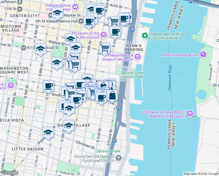 map of restaurants, bars, coffee shops, grocery stores, and more near in Philadelphia