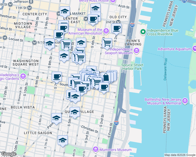 map of restaurants, bars, coffee shops, grocery stores, and more near in Philadelphia