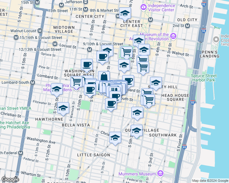 map of restaurants, bars, coffee shops, grocery stores, and more near 725 Lombard Street in Philadelphia