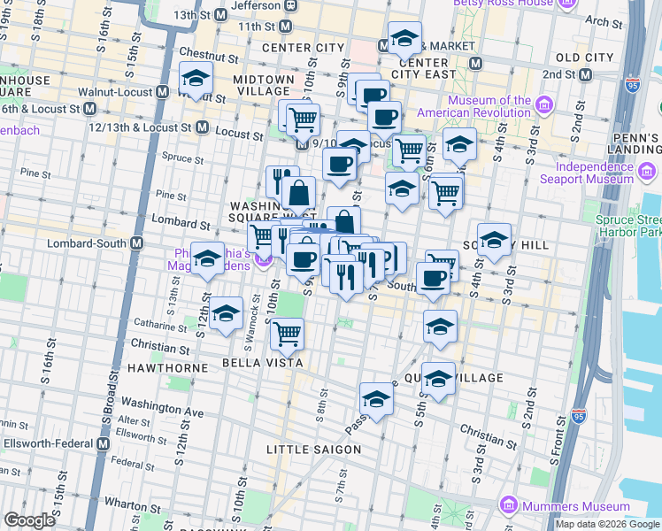 map of restaurants, bars, coffee shops, grocery stores, and more near 816 Lombard Street in Philadelphia