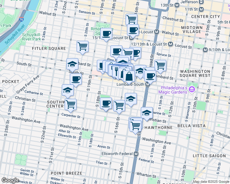 map of restaurants, bars, coffee shops, grocery stores, and more near 1615 Bainbridge Street in Philadelphia