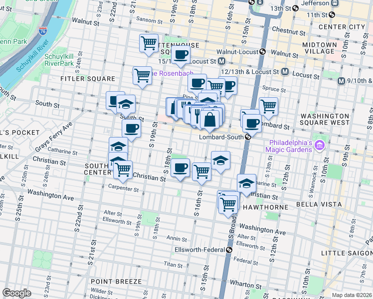 map of restaurants, bars, coffee shops, grocery stores, and more near 1713 Bainbridge Street in Philadelphia