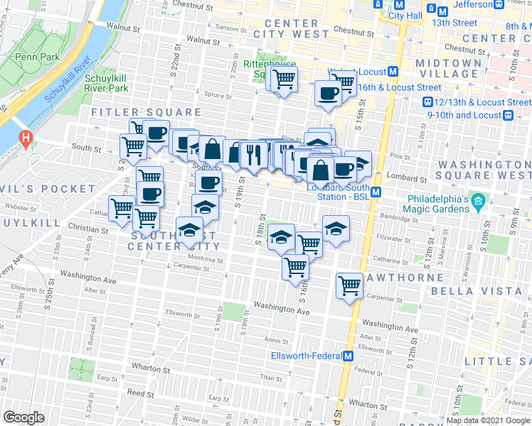 map of restaurants, bars, coffee shops, grocery stores, and more near in Philadelphia