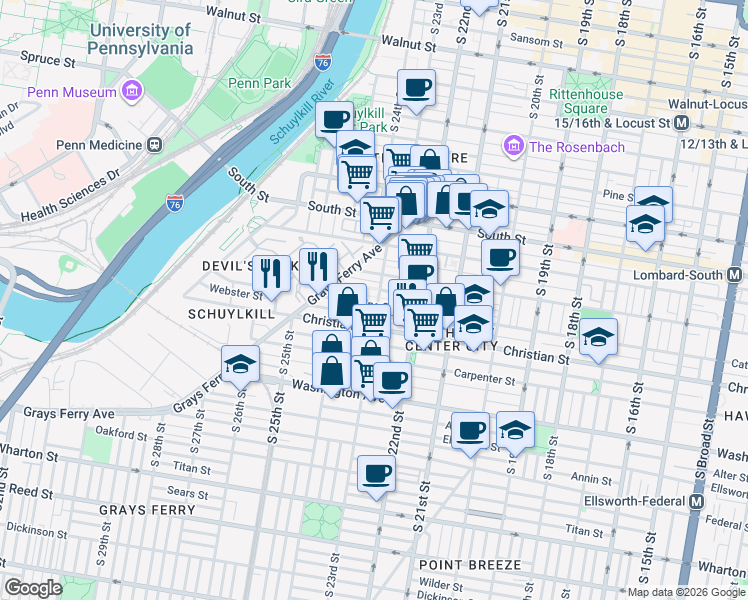 map of restaurants, bars, coffee shops, grocery stores, and more near 2324 Fitzwater Street in Philadelphia