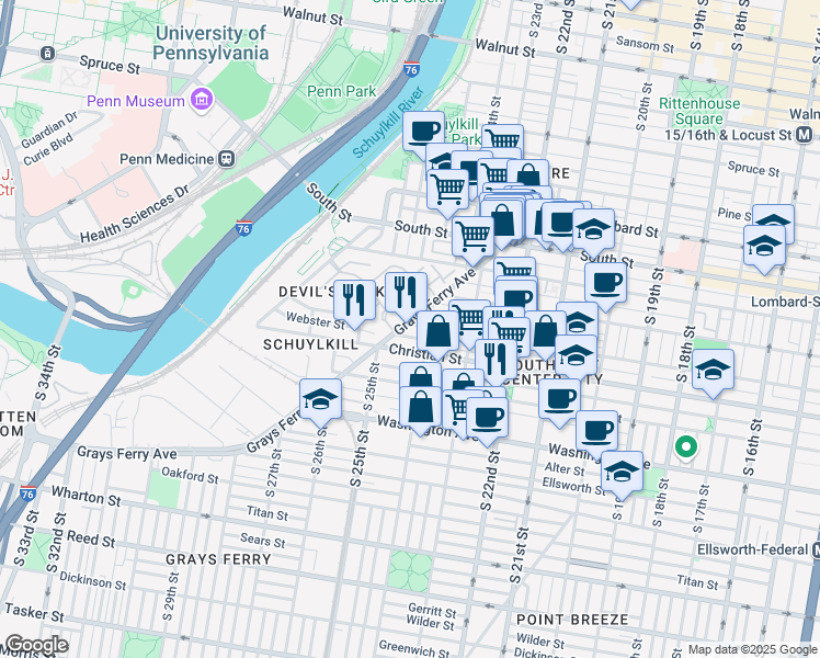 map of restaurants, bars, coffee shops, grocery stores, and more near in Philadelphia
