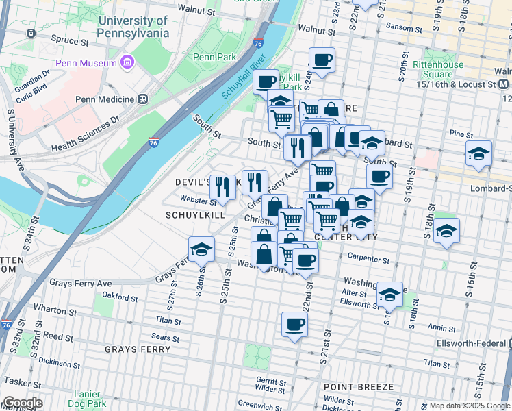 map of restaurants, bars, coffee shops, grocery stores, and more near in Philadelphia