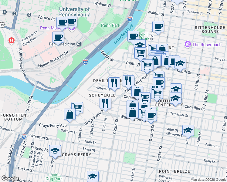 map of restaurants, bars, coffee shops, grocery stores, and more near 2613 Catharine Street in Philadelphia