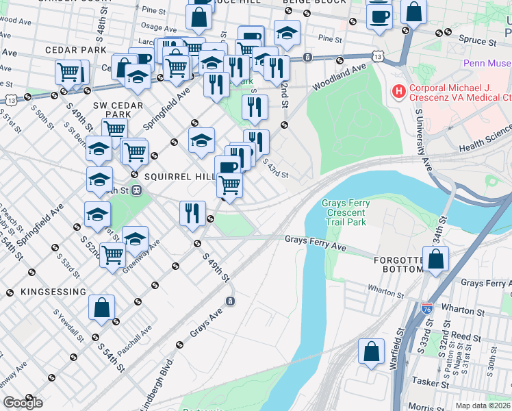 map of restaurants, bars, coffee shops, grocery stores, and more near 1355 South 46th Street in Philadelphia