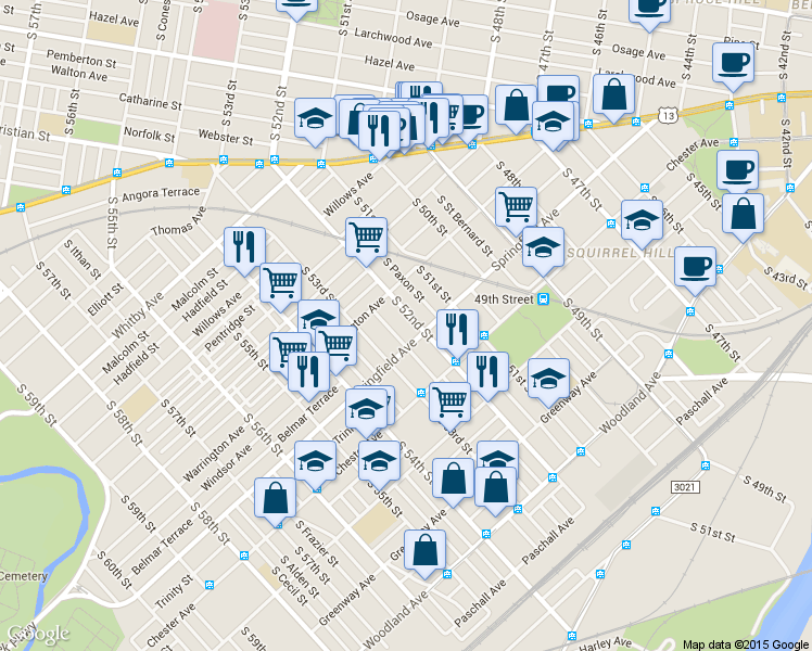 map of restaurants, bars, coffee shops, grocery stores, and more near 1121 South 52nd Street in Philadelphia