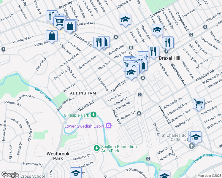 map of restaurants, bars, coffee shops, grocery stores, and more near 4006 Berry Avenue in Drexel Hill