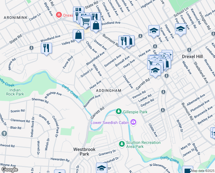 map of restaurants, bars, coffee shops, grocery stores, and more near 449 Wilde Avenue in Drexel Hill