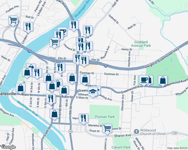 map of restaurants, bars, coffee shops, grocery stores, and more near 225-299 Scenic Crest Dr in Zanesville
