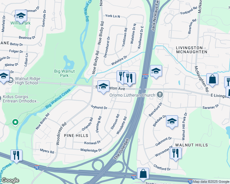 map of restaurants, bars, coffee shops, grocery stores, and more near 5360 East Livingston Avenue in Columbus