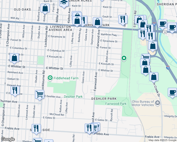 map of restaurants, bars, coffee shops, grocery stores, and more near 1132 Geers Avenue in Columbus