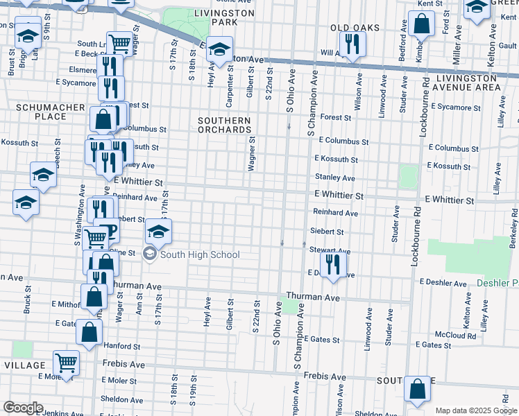 map of restaurants, bars, coffee shops, grocery stores, and more near 847 East Whittier Street in Columbus