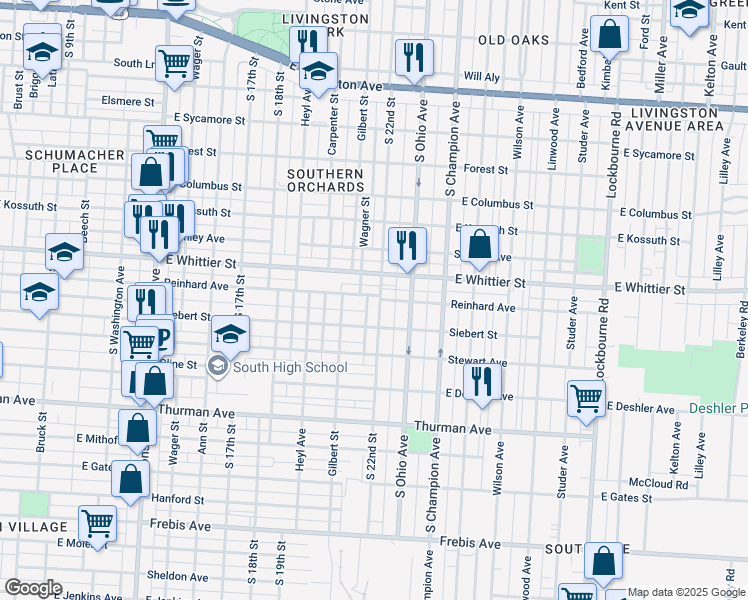 map of restaurants, bars, coffee shops, grocery stores, and more near 847 East Whittier Street in Columbus
