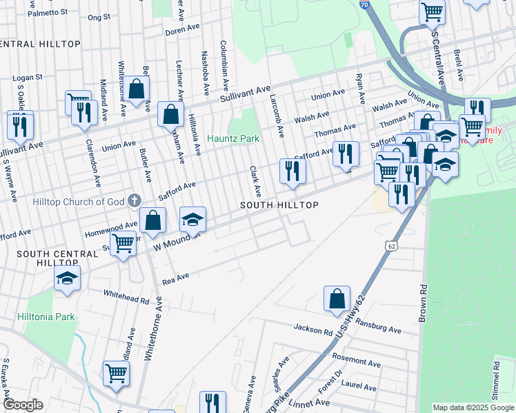 map of restaurants, bars, coffee shops, grocery stores, and more near 626 Clark Avenue in Columbus