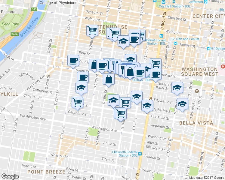 map of restaurants, bars, coffee shops, grocery stores, and more near 716 South Colorado Street in Philadelphia