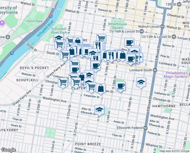 map of restaurants, bars, coffee shops, grocery stores, and more near 730 South 20th Street in Philadelphia