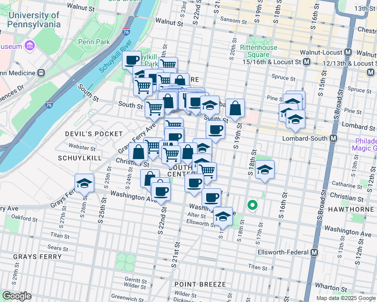 map of restaurants, bars, coffee shops, grocery stores, and more near 2111 Saint Albans Street in Philadelphia