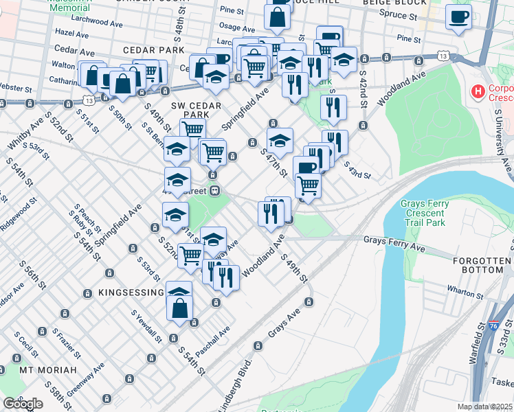 map of restaurants, bars, coffee shops, grocery stores, and more near 1239 Hanson Street in Philadelphia