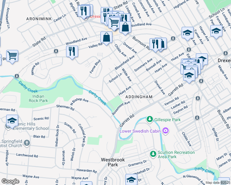 map of restaurants, bars, coffee shops, grocery stores, and more near 507 Anderson Avenue in Drexel Hill