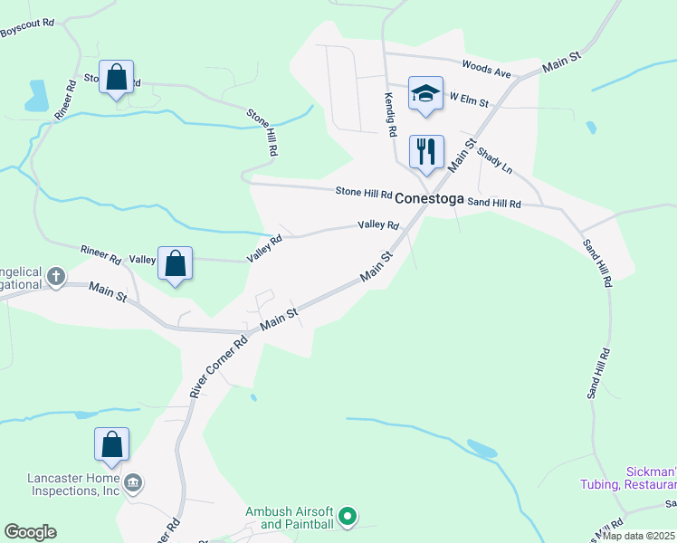 map of restaurants, bars, coffee shops, grocery stores, and more near 3211 Main Street in Conestoga