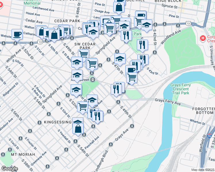 map of restaurants, bars, coffee shops, grocery stores, and more near 1226 Hanson Street in Philadelphia