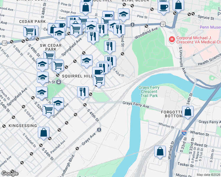 map of restaurants, bars, coffee shops, grocery stores, and more near 1355 South 46th Street in Philadelphia