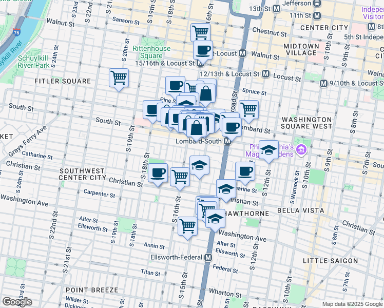map of restaurants, bars, coffee shops, grocery stores, and more near 708 South Mole Street in Philadelphia